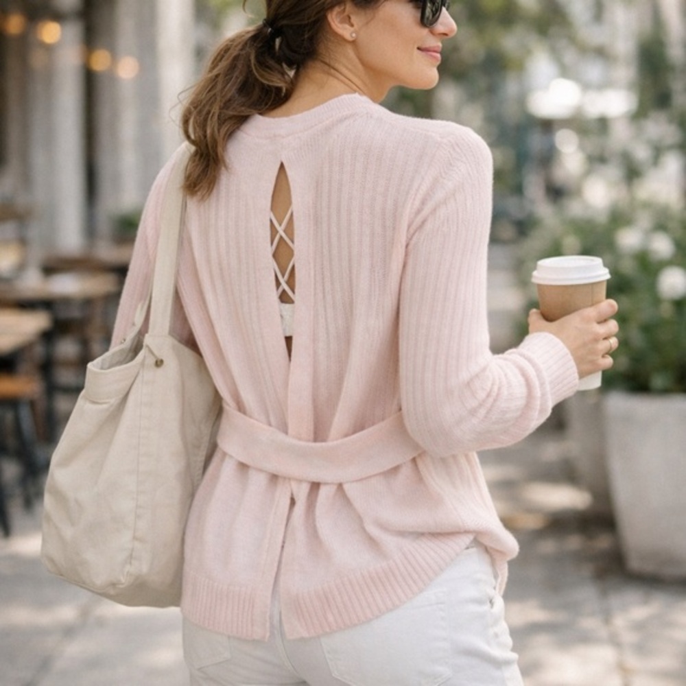 Lululemon Sincerely Yours Sweater Open Back Tie Cashlu Knit 4 yoga gym soft pink